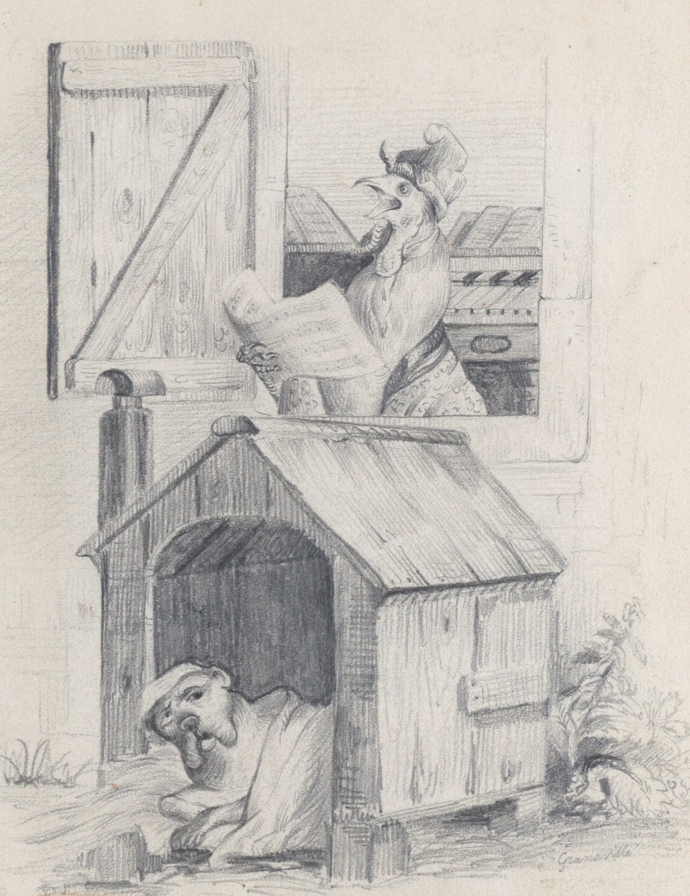 Pies w budy, śpiew koguta przy oknie, ok. godz. 1842. autorstwa Jean Ignace Isidore Gérard