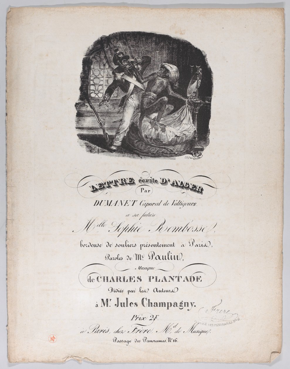 List napisany z Algieru, ca. 1835. autorstwa Jean Ignace Isidore Gérard