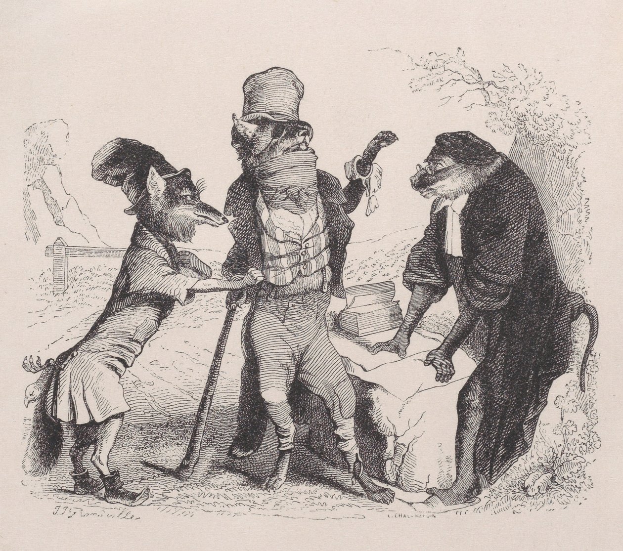 Wilk błagający Lisa przed Małpą, ca. 1838. autorstwa Jean Ignace Isidore Gérard