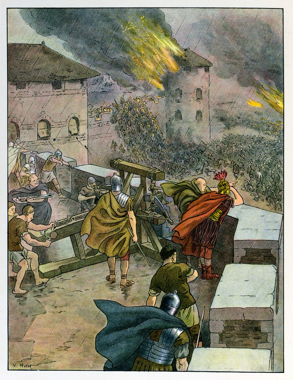 Dzieciom opowiadana jest historia Alzacji; Koniec dominacji rzymskiej, Rzymianie bronią miast przed frankowymi najeźdźcami; autorstwa Jean Jacques (1873 1951) Waltz