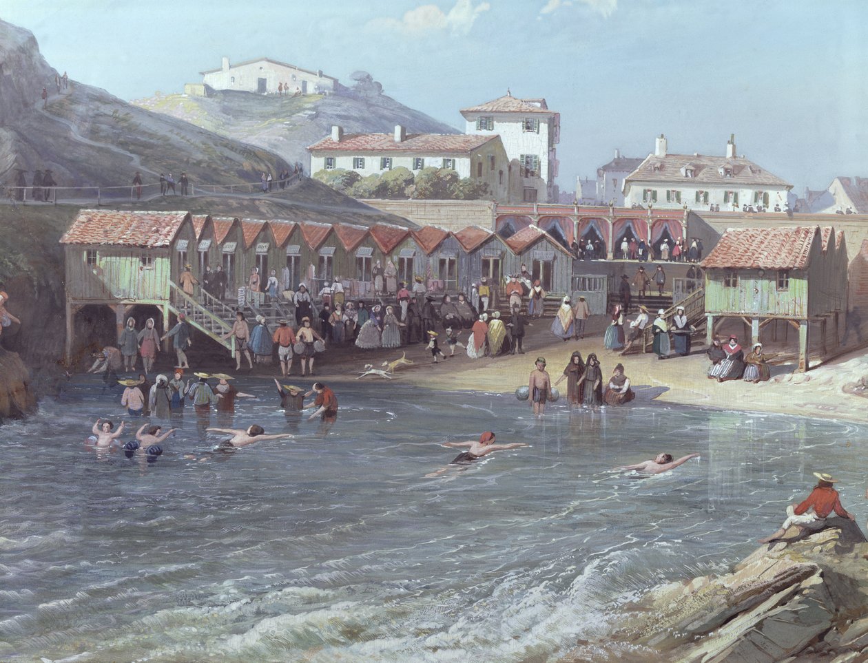 Początek pływania morskiego w starym porcie Biarritz, 1858 olej na płótnie, fragment z 175215 autorstwa Jean Jacques Alban de Lesgallery