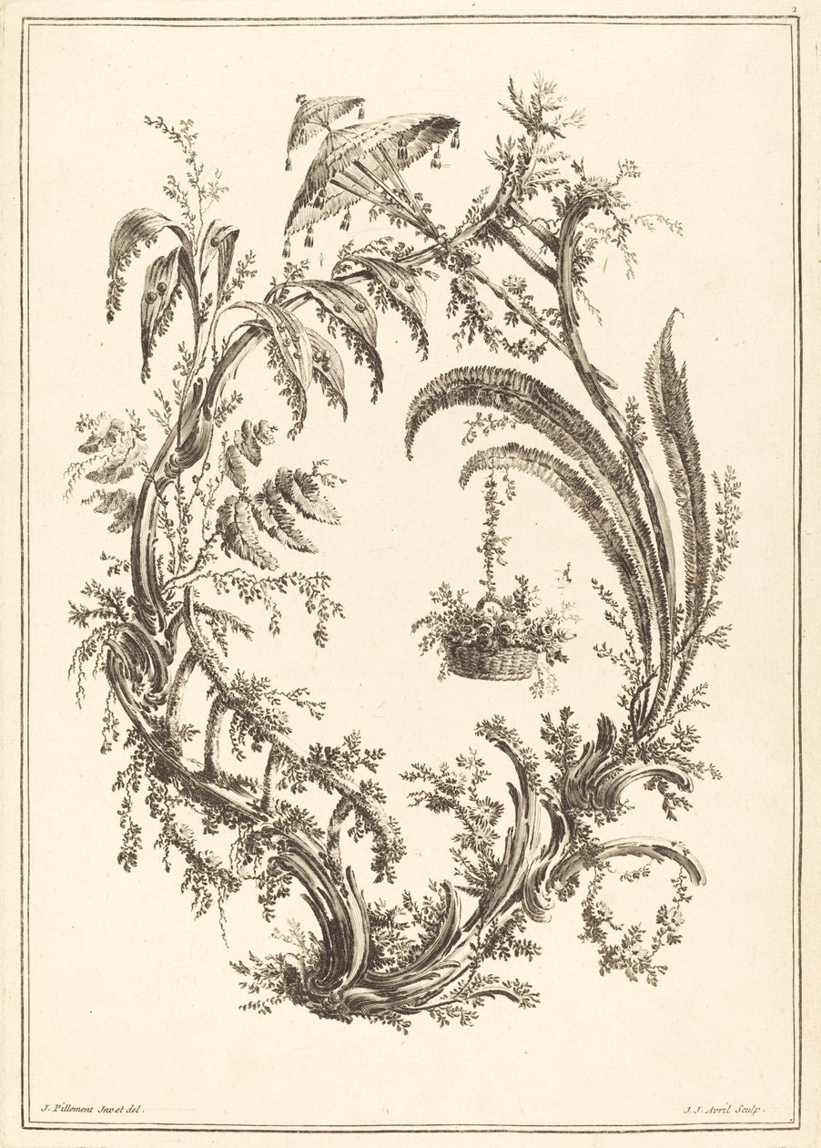 Ozdoba z parasolem i wiszącym koszem autorstwa Jean Jacques Avril I after Jean Baptiste Pillement