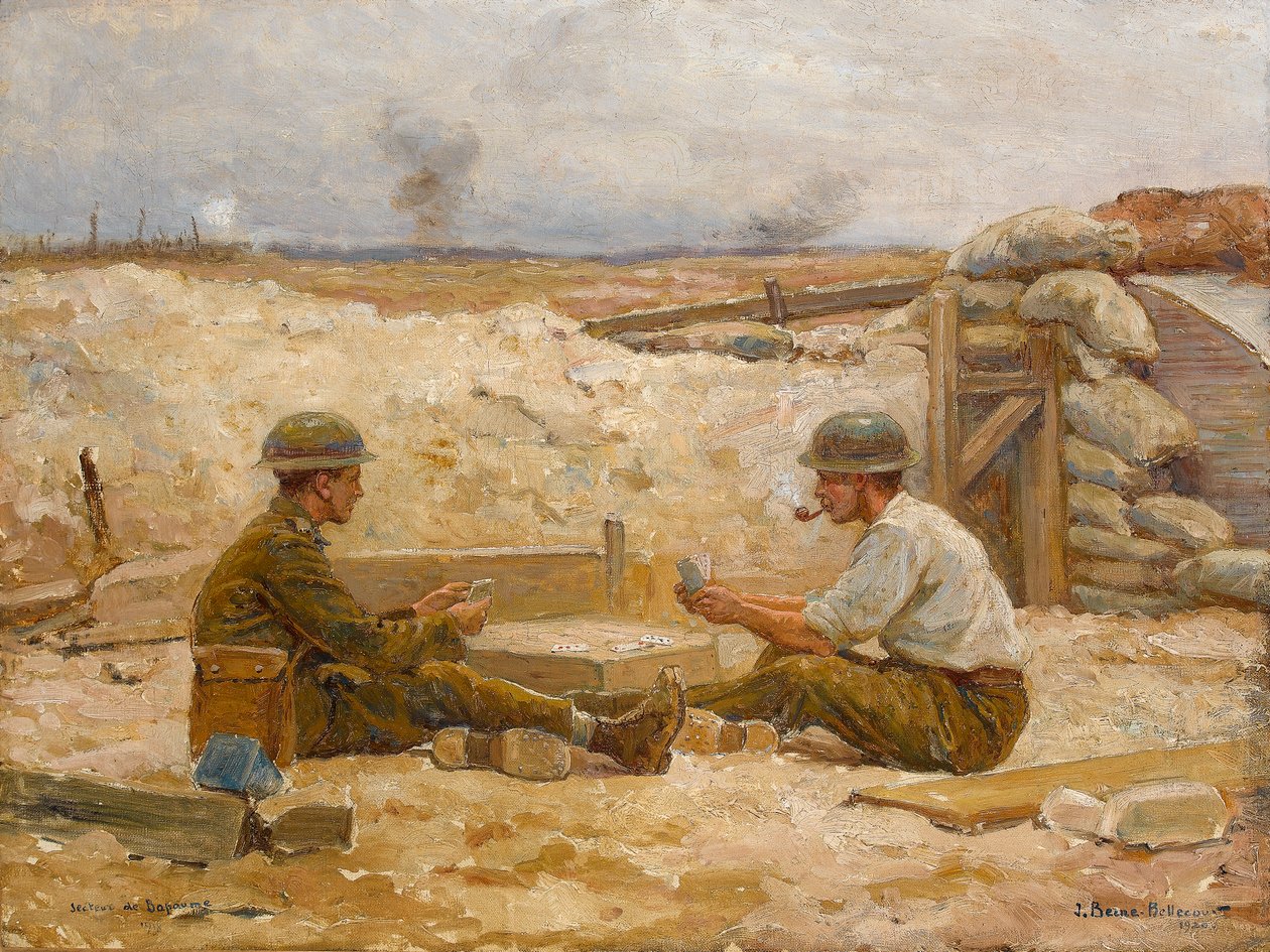 Dwóch brytyjskich oficerów grających w karty przed swoją ziemianką, Secteur de Bapaume, 1918-20 autorstwa Jean Jacques Berne Bellecour
