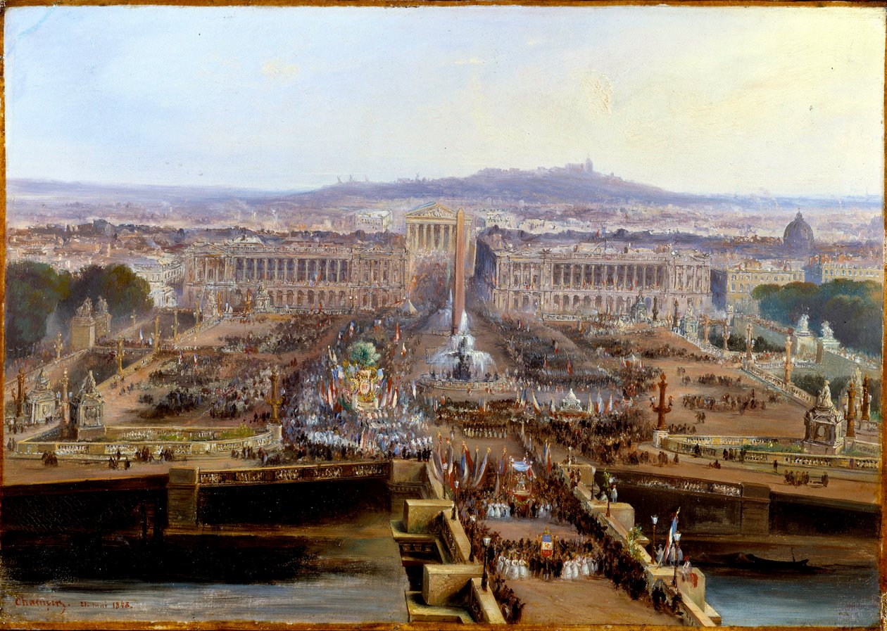 Rewolucja 1848: Święto Zgody 21 maja 1848, wyjazd z Place de la Concorde korporacji robotniczych udających się na Pola Marsowe. Obraz na papierze maruflowym Jean Jacques Champin (1796-1860) 1848 wym. 0,31 x 0,44 m. Paryż, Muzeum Carnavalet autorstwa Jean Jacques Champin