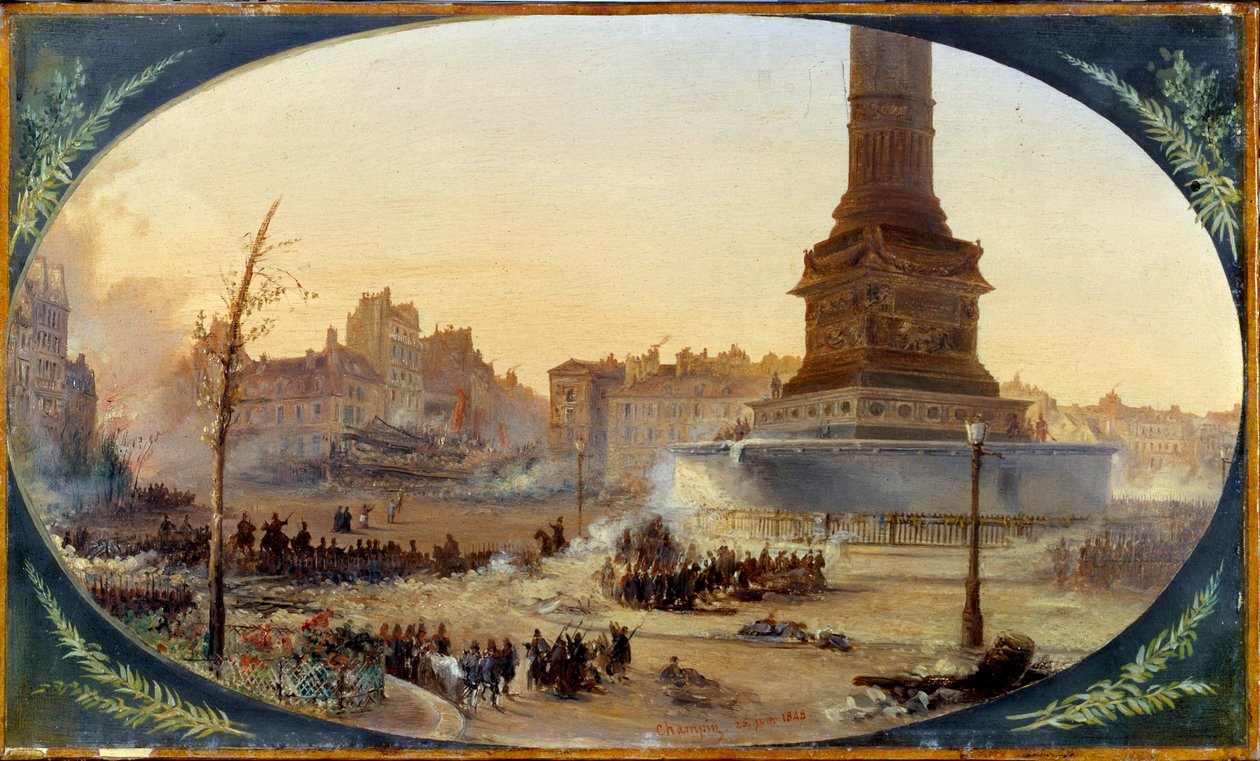 Rewolucja 1848 r.: „”Widok na Place de la Bastille i barykadę wejścia do Faubourg Saint Antoine 25.06.1848” Obraz na papierze marouflowym Jean Jacques Champin (1796-1860) 1848 nd. 0,28 x 0,43 m Paryż, Musee Carnavalet autorstwa Jean Jacques Champin