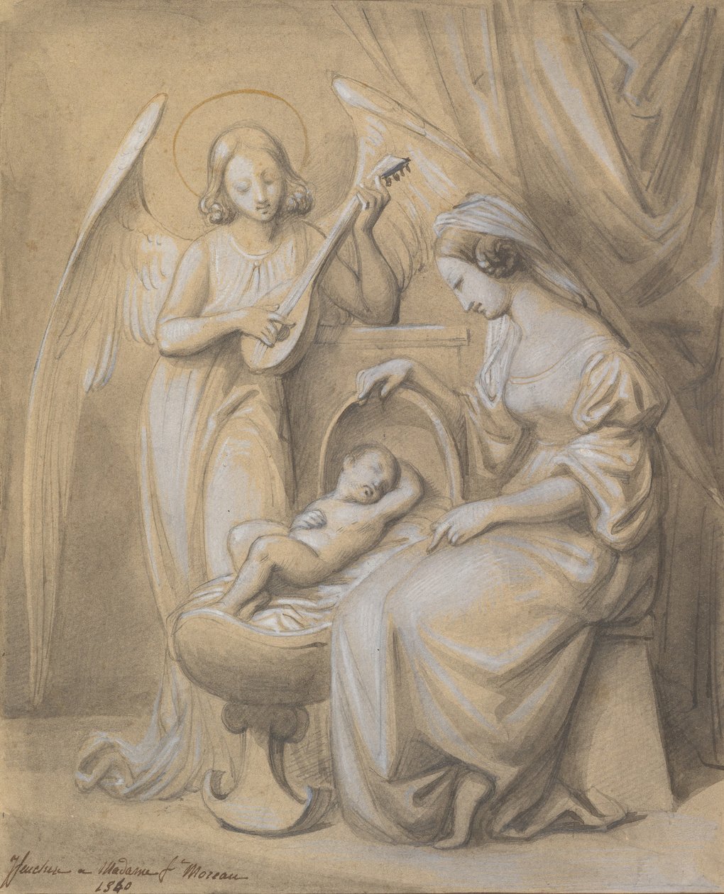Dziewica z Dzieciątkiem adorowany przez anioła grającego na lutni, 1820-52. autorstwa Jean Jacques Feuchere
