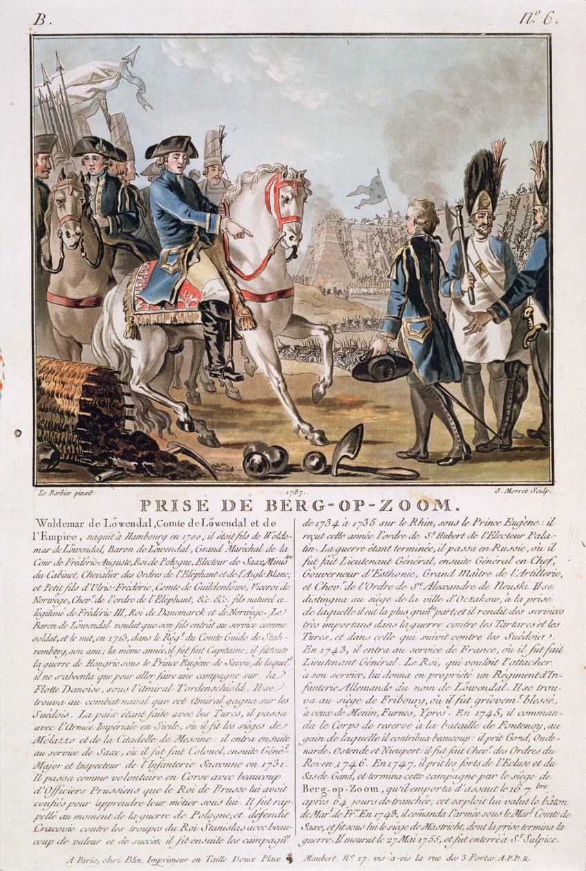 The Takeing of Berg-op-Zoom, Holandia, 1747, rycina Jean Baptiste Morret (fl.1790-1820), 1787 autorstwa Jean Jacques Francois Le Barbier