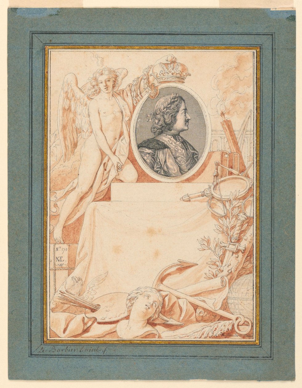 Rysunek, frontispis do Historii Piotra Wielkiego, ok. 1780 r. autorstwa Jean Jacques Francois Le Barbier