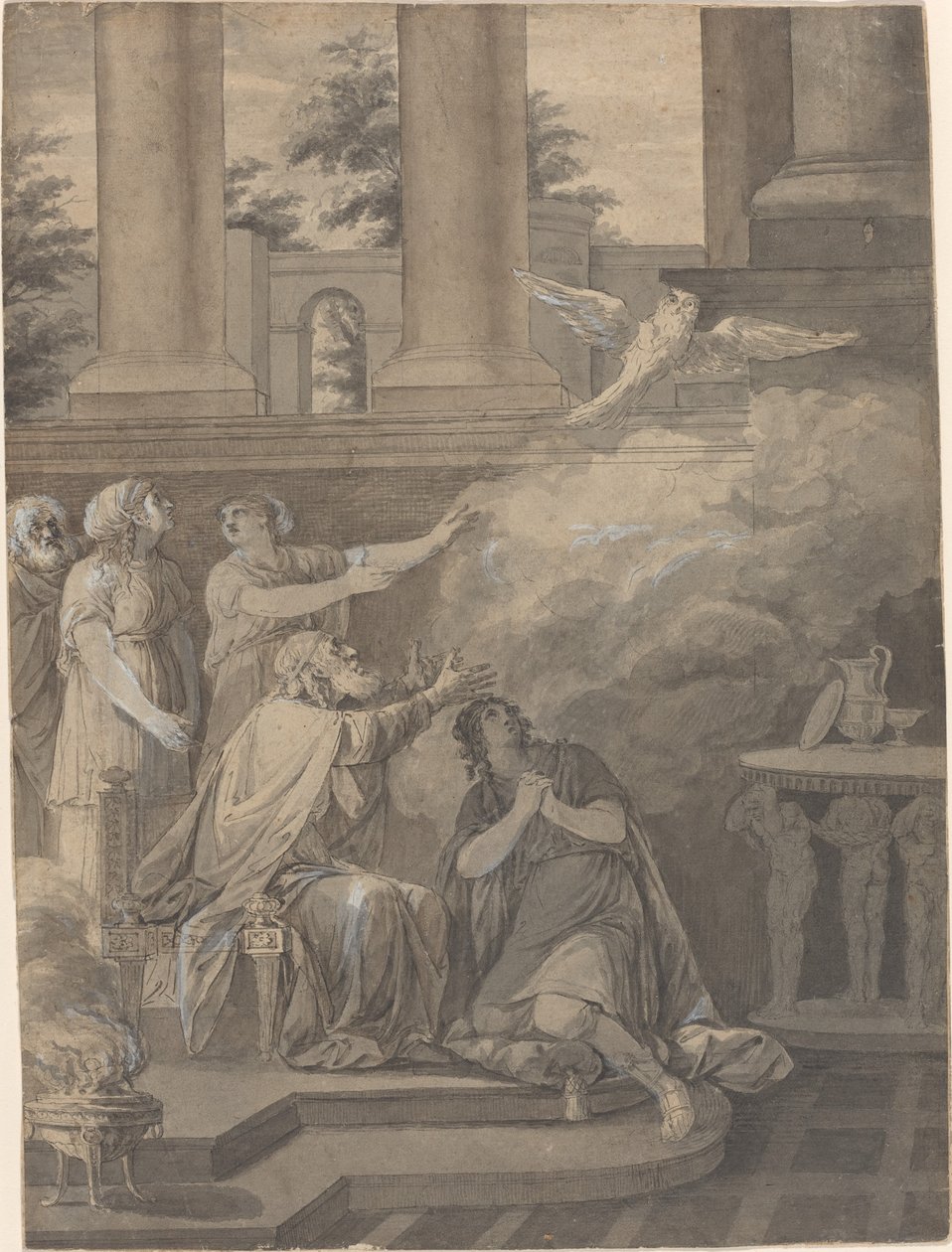 Pallas Atena w postaci ptaka opuszczającego Nestora i Telemacha autorstwa Jean Jacques François Le Barbier I
