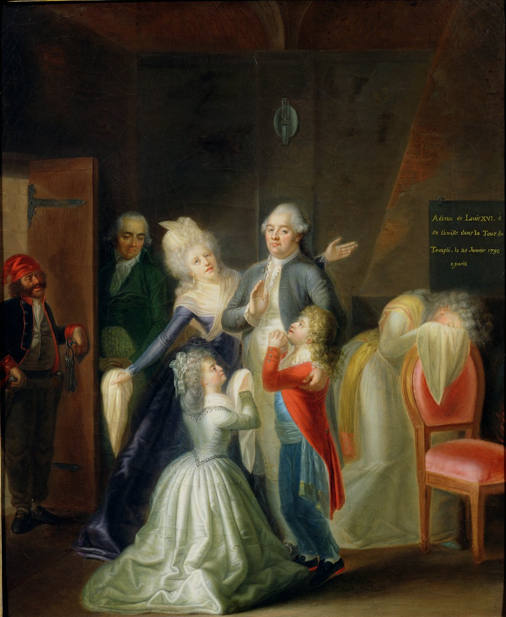 Pożegnanie Ludwika XVI przez jego rodzinę w świątyni, 20 stycznia 1793 r. autorstwa Jean Jacques Hauer