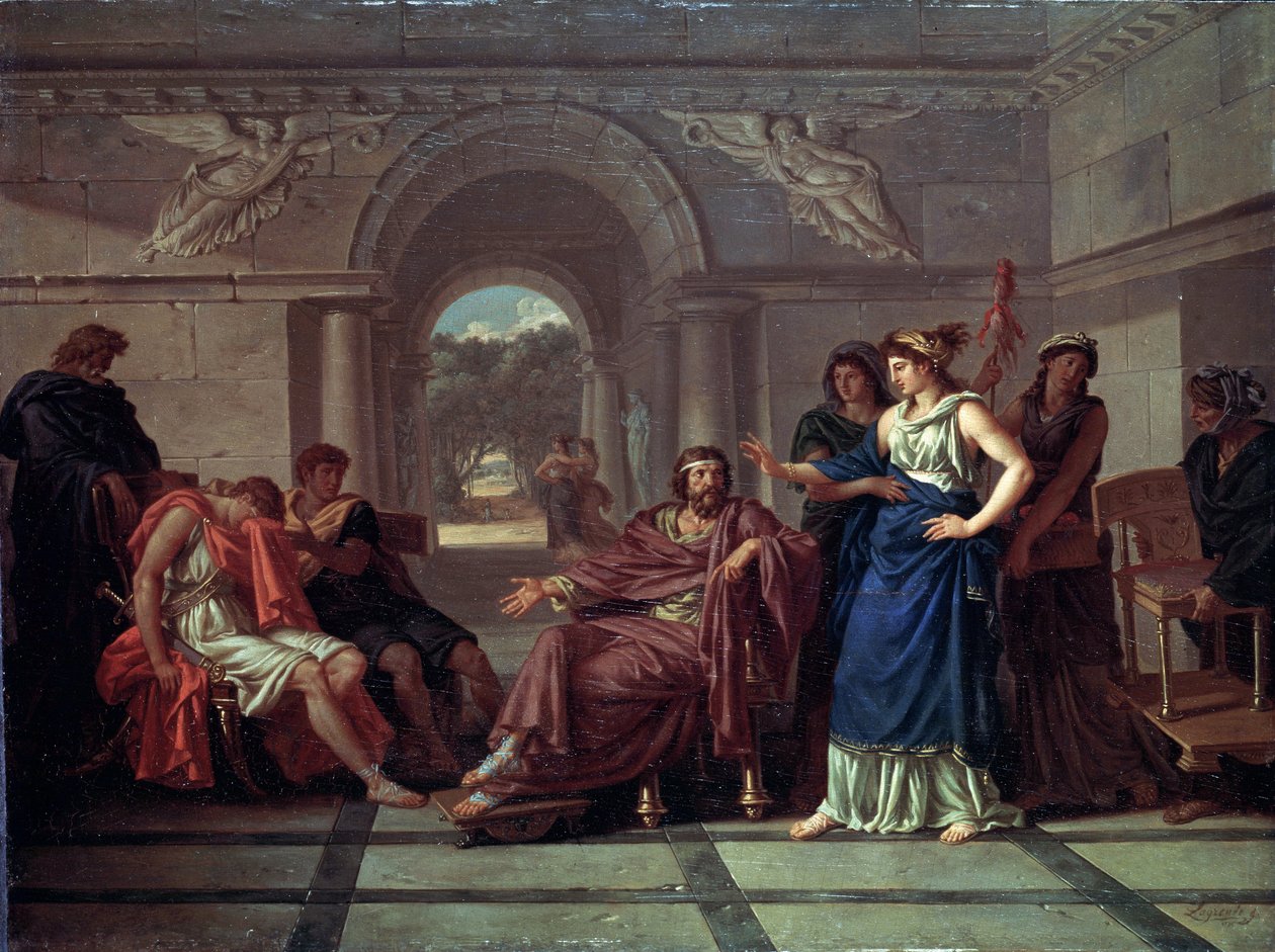 Helen rozpoznaje Telemacha, syna Odyseusza (Helen rozpoznaje Telemacha, syna Odyseusza). Scena z mitologii greckiej, w Odysei Homera (koniec VIII wieku p.n.e.). Obraz Jean Jacques Lagrenee (1739-1821), olej na drewnie autorstwa Jean Jacques II Lagrenee