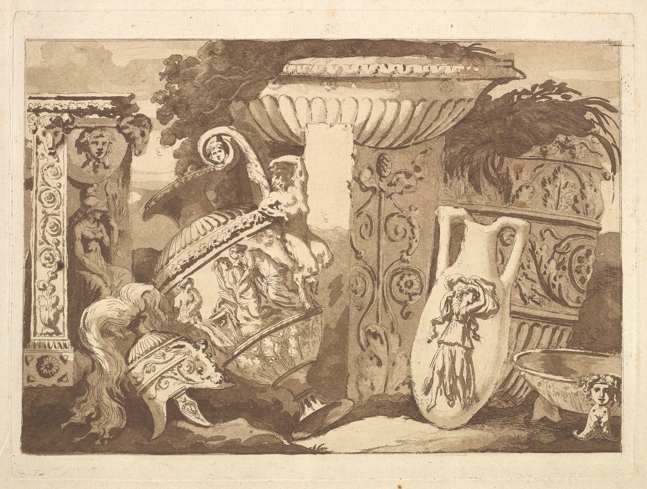 Kompozycja z fragmentami antycznymi i pochyloną wazą z Recueil de Compositions..., 1782-84. autorstwa Jean Jacques Lagrenee