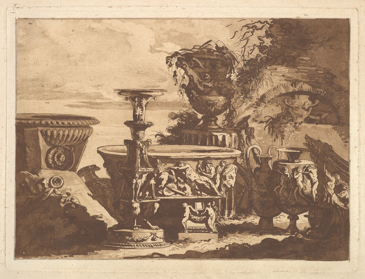 Kompozycja z wazą Medyceuszy z Recueil de Compositions par Lagrenée Le Jeune Coll..., 1782. autorstwa Jean Jacques Lagrenee