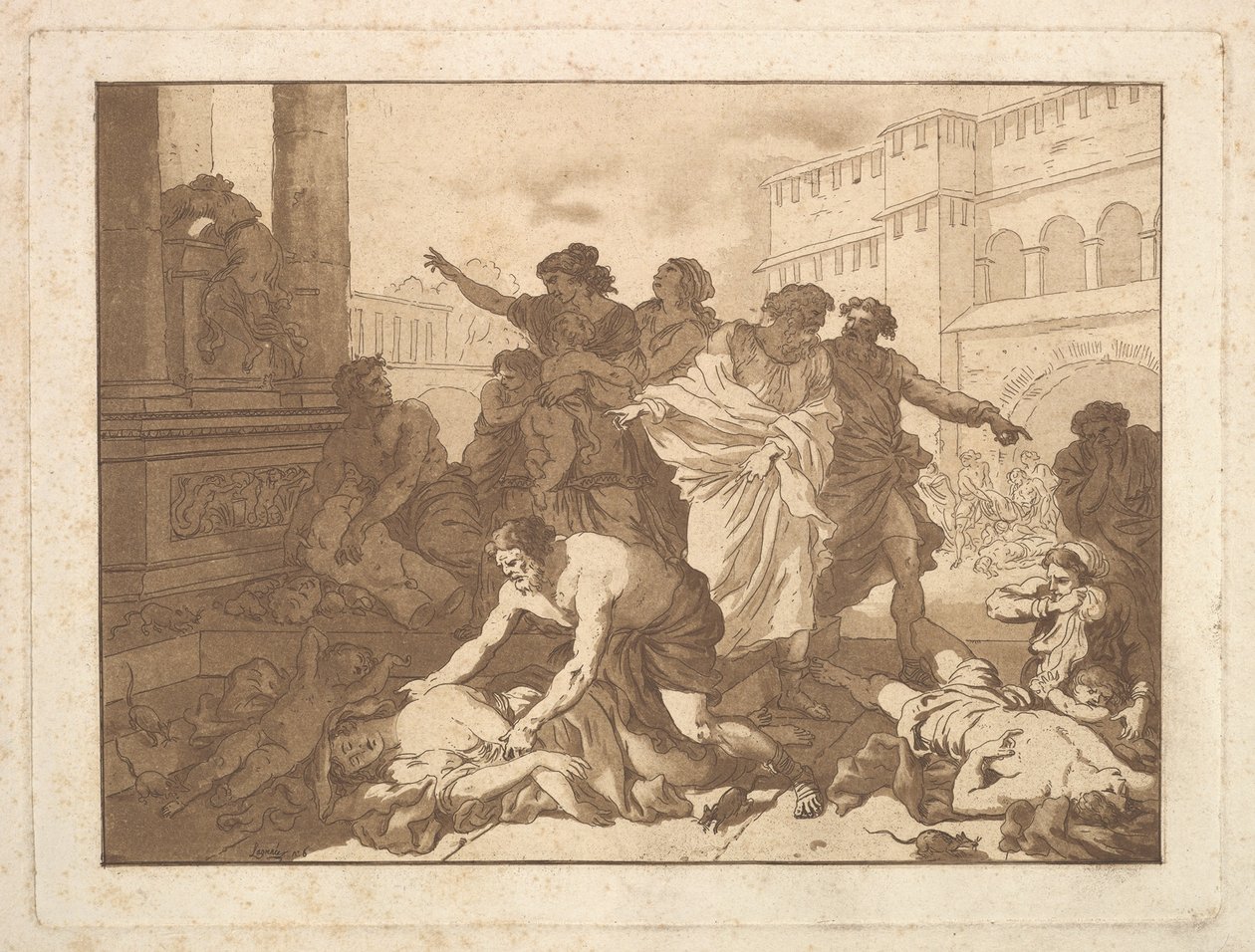 La Peste chez les Philistins Plague Among the Philistines, in an album containing R..., 1782-1821.    1166198   pl       polish Successfully Translated  Original: Courtesan Going to Bed, from the series "Ten Types of Beauties in Pictures (Jittai e-fuzoku)" autorstwa Jean Jacques Lagrenee