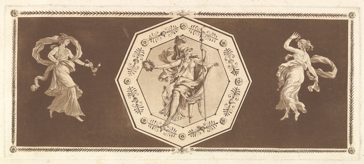 Minerwa siedząca w ozdobnym ośmioboku, z postacią po lewej i po prawej stronie Noc..., 1784. autorstwa Jean Jacques Lagrenee