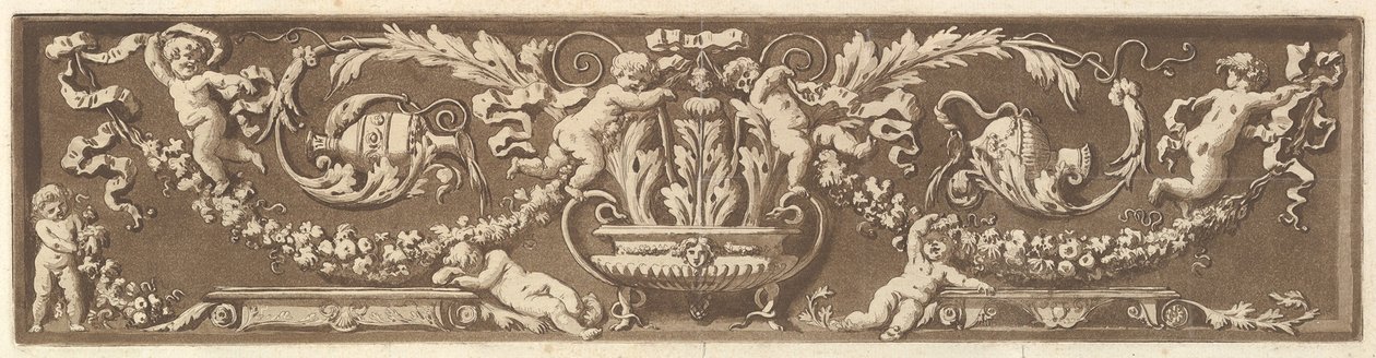 Fryz ozdobny z puttami, liśćmi akantu i girlandami owoców, z Recueil de Diff..., 1784. autorstwa Jean Jacques Lagrenee