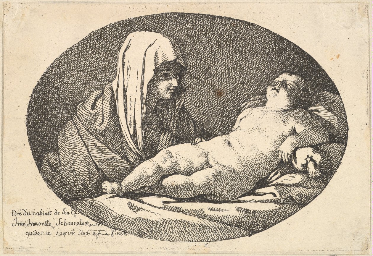 Dziewica po lewej patrząca na śpiącego niemowlęcia Chrystusa, kompozycja owalna, po..., 1760-63. autorstwa Jean Jacques Lagrenee