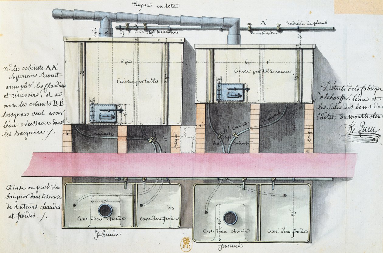 Projekt instalacji ogrzewania wody w Hotel de Montholon w Paryżu, ok. 1787 (wc na papierze) autorstwa Jean-Jacques Lequeu