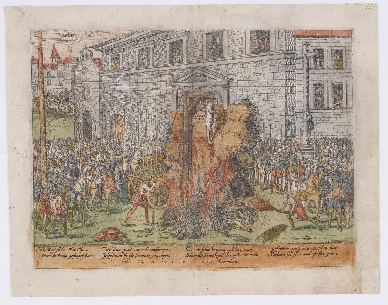 Egzekucja Anne du Bourg 23 grudnia 1559 1568 r. autorstwa Jean Jacques Perrissin