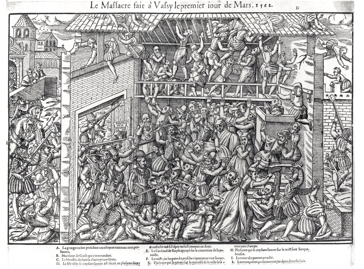 Masakra ludności protestanckiej przez wojska księcia de Guise w Wassy-sur-Blaise, 1 marca 1562 r., ryty Jacques Tortorel (1568-92) autorstwa Jean Jacques Perrissin