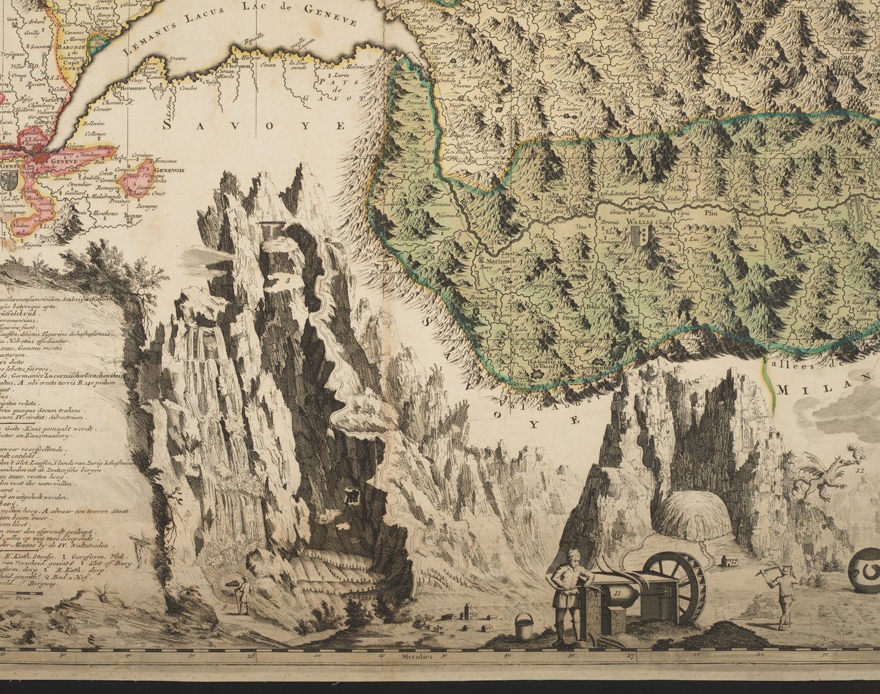 Nowa mapa geograficzna Szwajcarii z najsłynniejszymi i najpotężniejszymi kantonami i sprawami publicznymi zreformowanej religii Tigurina, Berno, Glarus, Bazylea, Scafusiana, Abbot Cellana, detal, ok. 1712 (odbitka ręcznie kolorowana) autorstwa Jean Jacques Scheuchzer