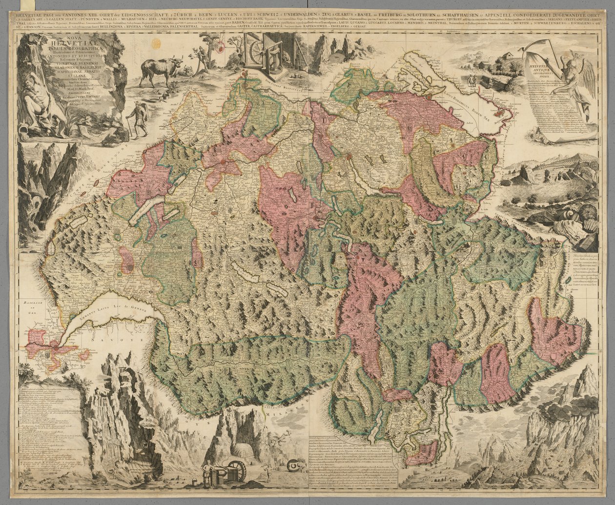 Nowa mapa Szwajcarii z najsłynniejszymi i najpotężniejszymi kantonami oraz sprawami publicznymi zreformowanej religii Tigurina, Berno, Glarus, Bazylea, Scafusiana, Abbot Cellana, ok. 1712 (odbitka ręcznie kolorowana) autorstwa Jean Jacques Scheuchzer