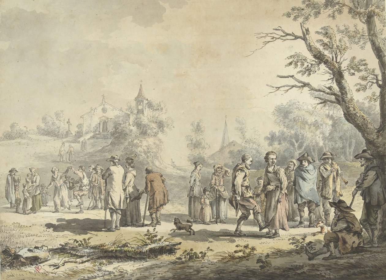 Tańczący chłopi i widzowie na wsi La Fete du village (tytuł na obiekcie) autorstwa Jean Jacques de Boissieu