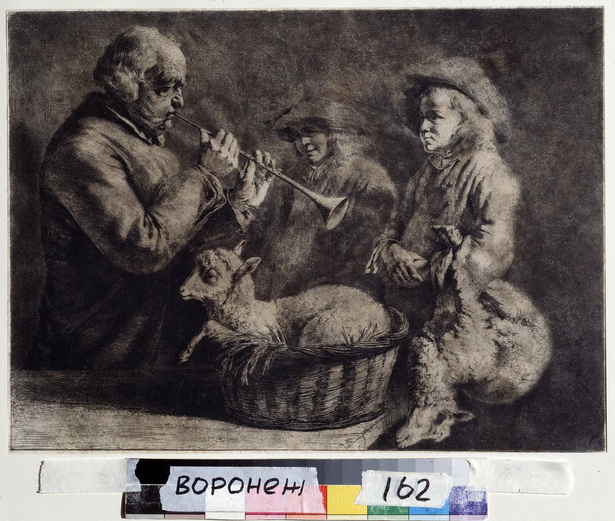 "Oboista" (oboista) Muzyk grający na oboju przed dwoma pasterzami. Drzeworyt: Jean Jacques de Boissieu (1736-1810) 1772 Iwan Kramskoj (lub Kramskoi) Muzeum Sztuk Pięknych w Woroneżu (Woroneż), Rosja. autorstwa Jean Jacques de Boissieu