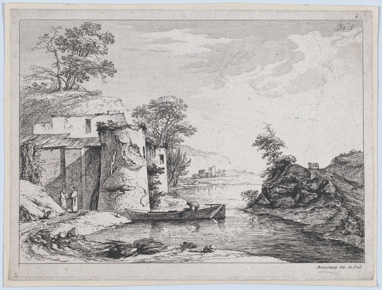 Stare wieże na brzegu rzeki, 1763. autorstwa Jean Jacques de Boissieu