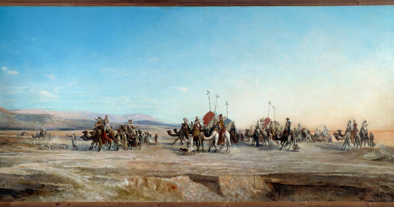 Szukasz kempingu karawan nomadów i wielbłądów na pustyni. Obraz Jeana Josepha Bellela (1816-1898) XIX-wieczny Montpellier, Musee Fabre - Szukam obozu. Koczownicze karawany i wielbłądy na pustyni. Obraz Jeana Josepha Bellela (1816-1898) autorstwa Jean Joseph Bellel