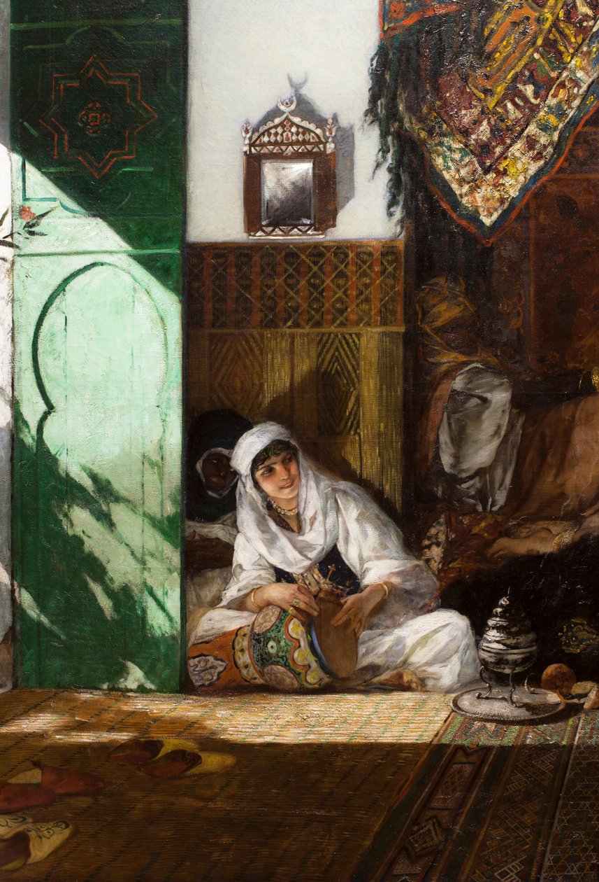 Wnętrze haremu w Maroku, detal: kobieta grająca na derbouce autorstwa Jean Joseph Benjamin Constant