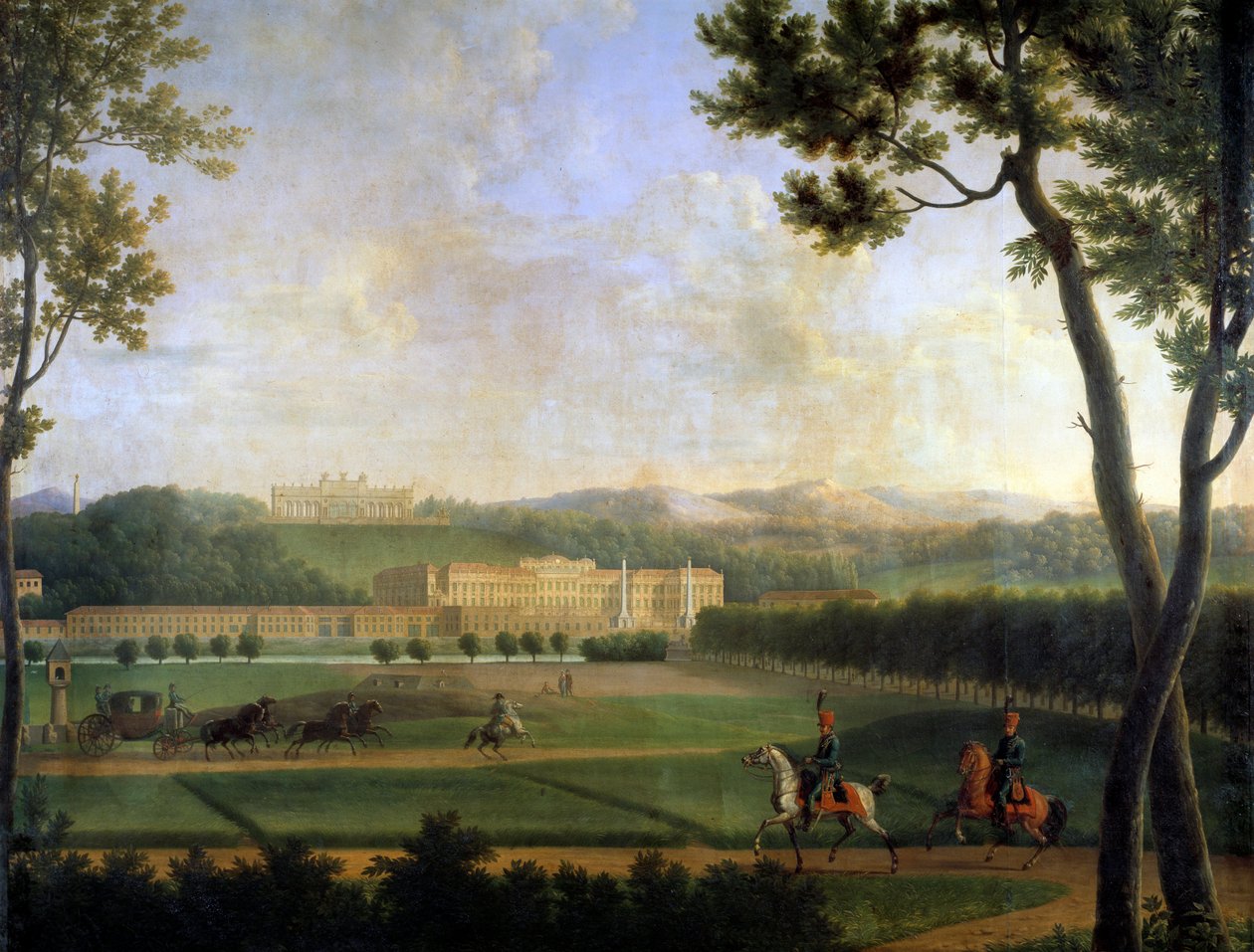 Widok na cesarski pałac Schonbrunn, Wiedeń Austria. Jest to letnia rezydencja Habsburgów zbudowana pod koniec XVII wieku przez Johanna Fischera von Erlach. Fragment obrazu Josepha Bidaulta (1758-1846) 1810 Paryż, muzeum Marmottan autorstwa Jean Joseph Bidault