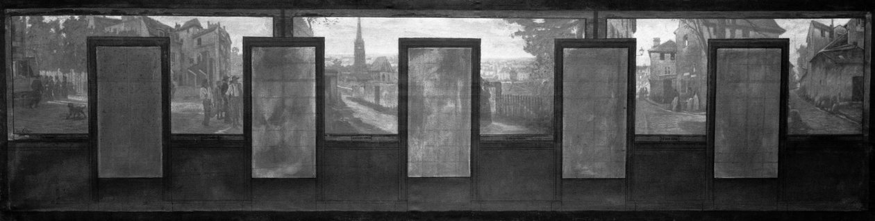 Szkic ratusza w Vanves: Vues de Vanves. Tramwaj. Place de Vanves. Ścieżka zamkowa. Rue Vieille Forge. Rue Falnet, w 1902 r. (olej na czarnym tuszu na płótnie) autorstwa Jean Joseph Enders