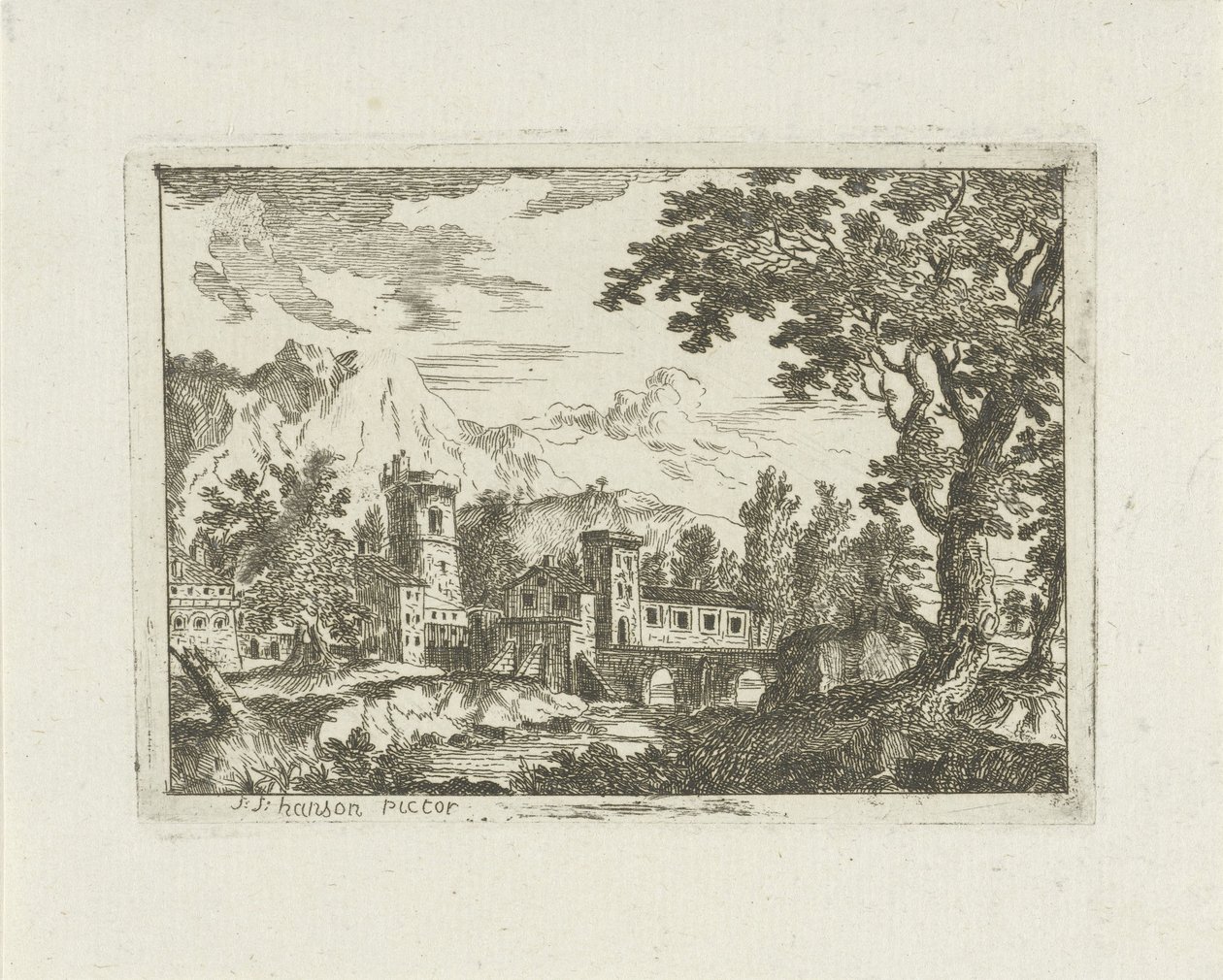 Kamienne budynki nad rzeką autorstwa Jean Joseph Hanson
