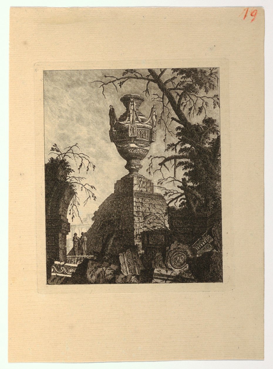 Piramida zwieńczona monumentalnym wazonem z "Zbiór różnych przedmiotów waz, grobowców, ruin i fontann, przydatnych artystom..." autorstwa Jean Laurent Legeay