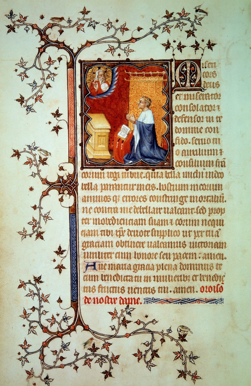 Książę Jan I z Berry (1340-1416) modlił się przed Bogiem, który pobłogosławił go Miniatura z rękopisu (ms. lat. 18014) „Godzinki Jana z Berry”” zin. Jana Czarnego, ok. 1375 r. Paryż, B.N. autorstwa Jean Le and workshop (attr. to) Noir