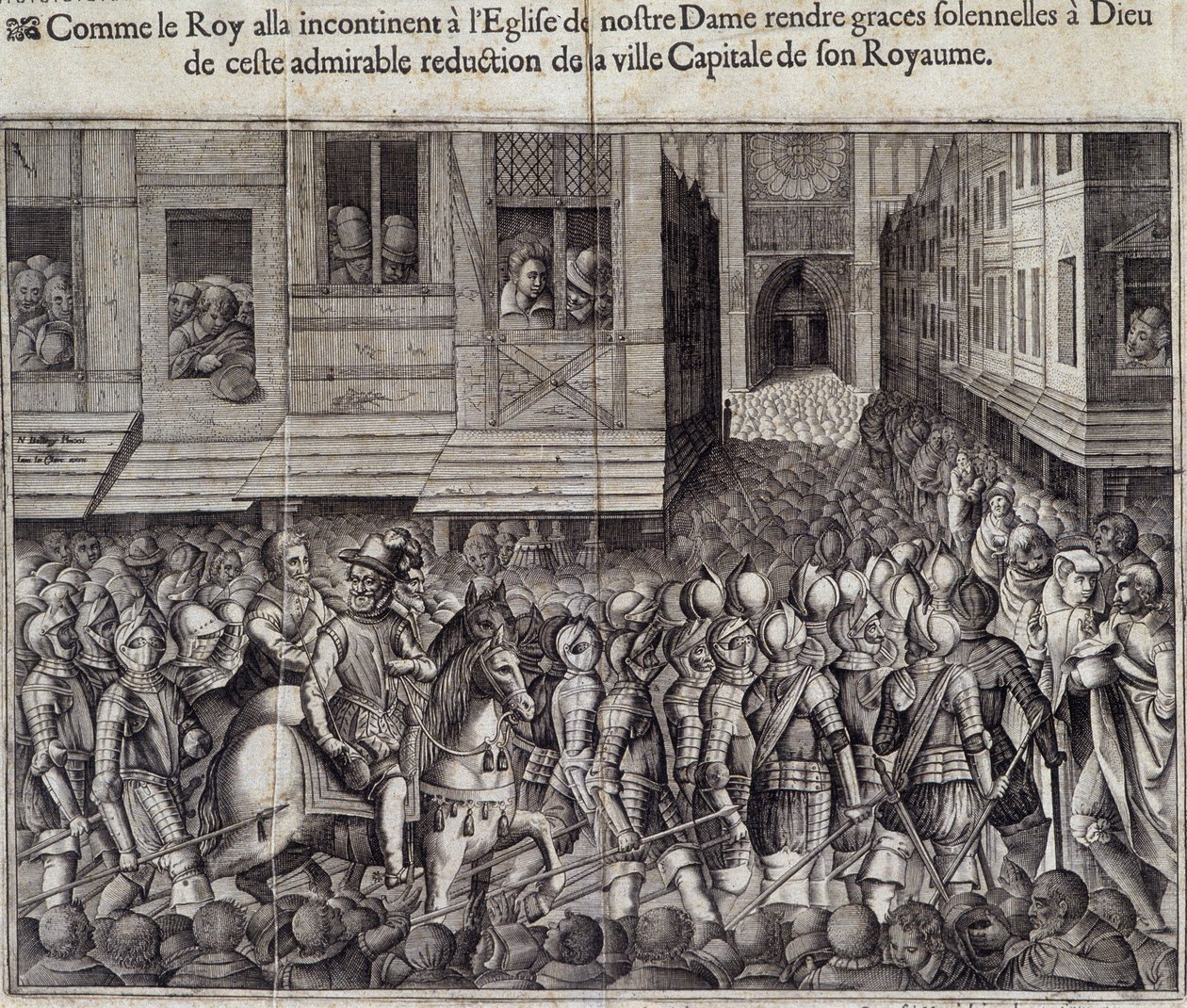 Entrée of Henry IV (1553 - 1610) w Paryżu w dniu 22 marca 1594 i udanie się do Cathedrale de Notre Dame na mszę - Grawerowanie Jeana Leclera, według Bollery, Musee de Notre Dame de Paris autorstwa Jean Leclerc