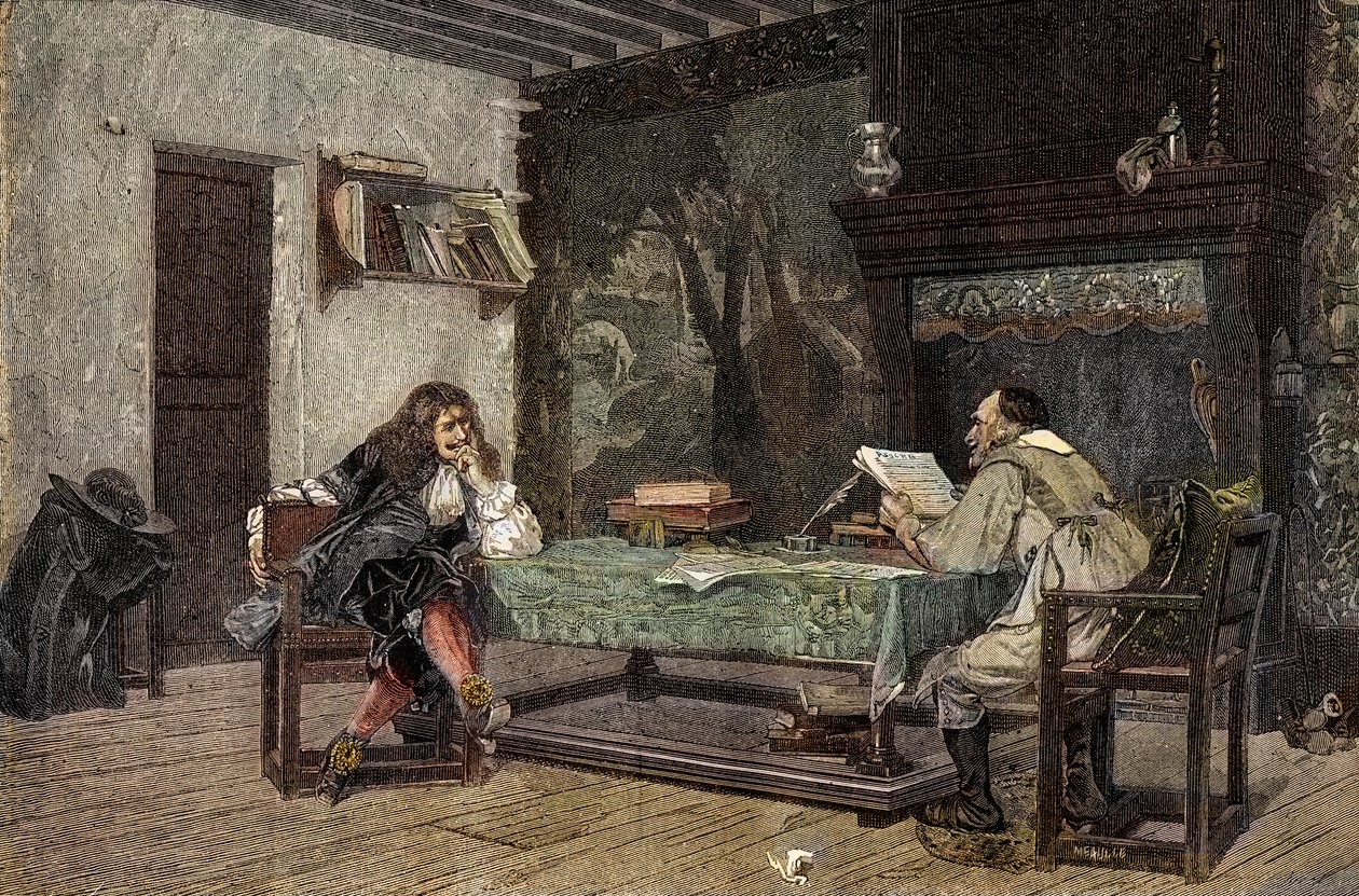 Współpraca między Jeanem Baptiste Moliere i Pierre Corneille Francuski dramatis - „” Autorzy Jean-Baptiste (Jean Baptiste) Poquelin dit Moliere (1622-1673) i Pierre Corneille (1606-1684)”” grawerunek po obrazie Jean-Leon (Jean Leon) Gerome autorstwa Jean Leon (after) Gerome