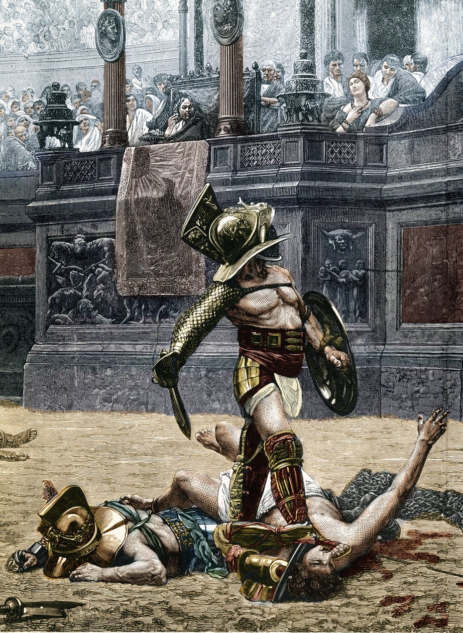Gladiatorzy na rzymskiej arenie. Widzowie ostrzegają zwycięzcę, aby nie oszczędzał pokonanego przeciwnika i skazał go na śmierć. Grawerowanie według detalu obrazu Jean Leon (Jean-Leon) Gerome (1824-1904) autorstwa Jean Leon (after) Gerome