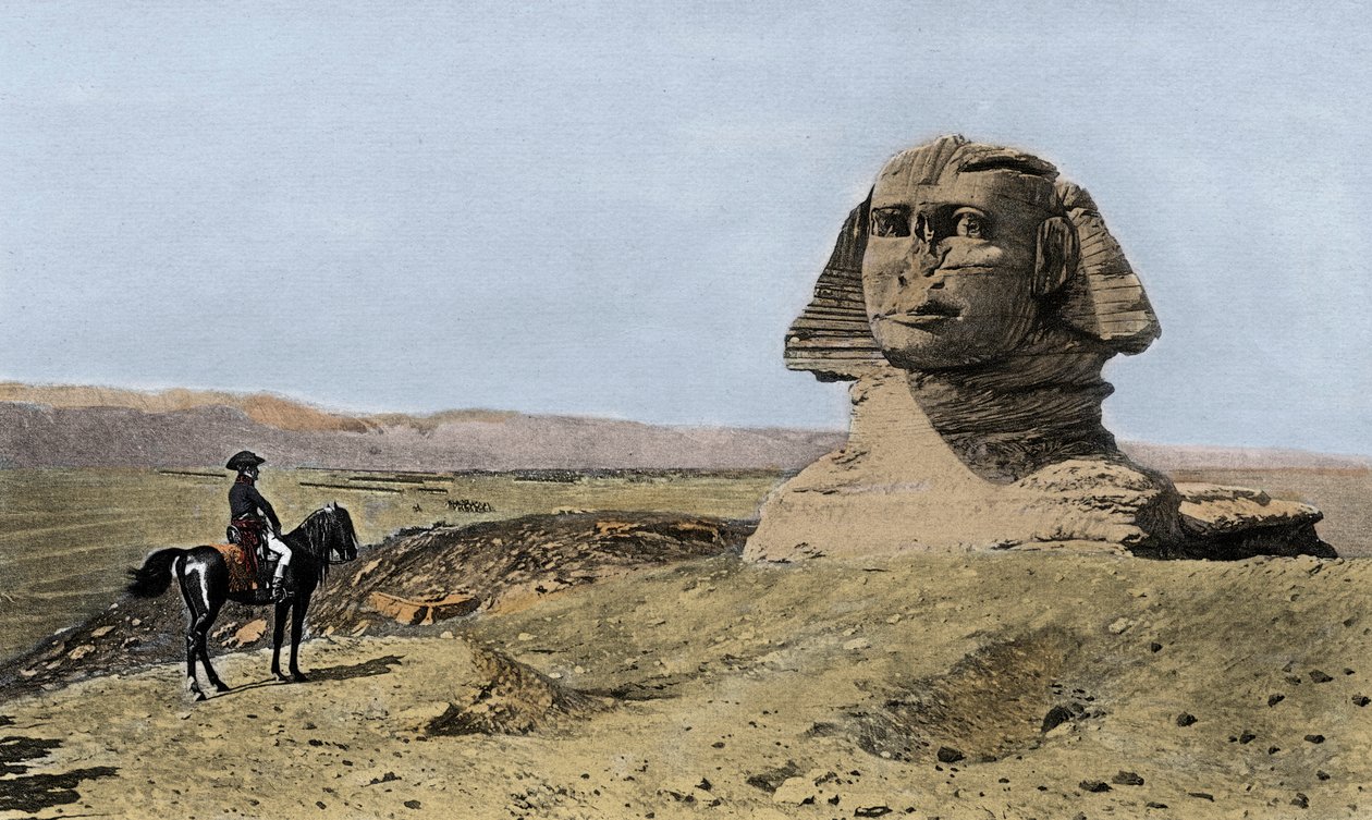 Napoleon i Sfinks - Kampania (wyprawa) Egiptu (1798-1801): Napoleon I Bonaparte (1769-1821) przed Sfinksem Gizy w Egipcie autorstwa Jean Leon (after) Gerome