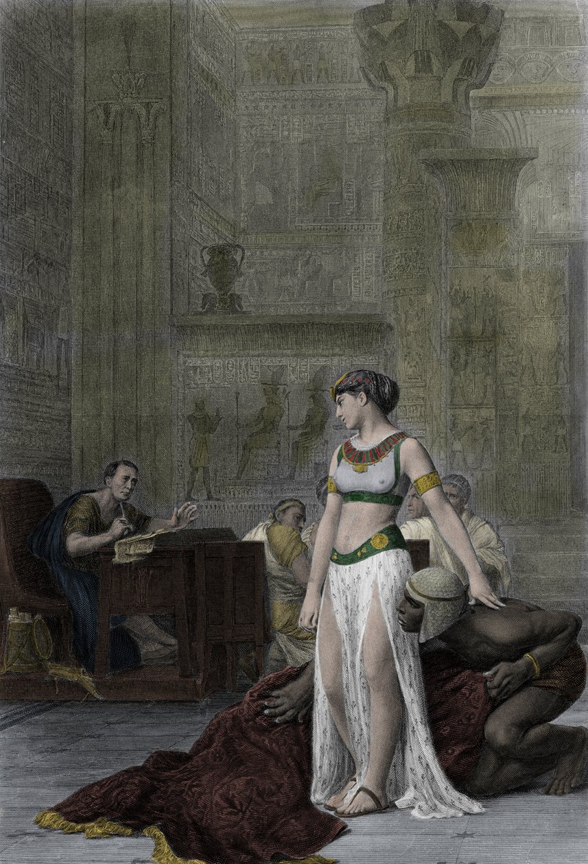 Królowa Egiptu Kleopatra VII Thea Philopator (69-30 pne) i Jules Cesar (100-44 pne) - Kleopatra przed Juliuszem Cezarem w sztuce Szekspira Antoniusz i Kleopatra, po obrazie Jean Leon Gerome autorstwa Jean Leon (after) Gerome