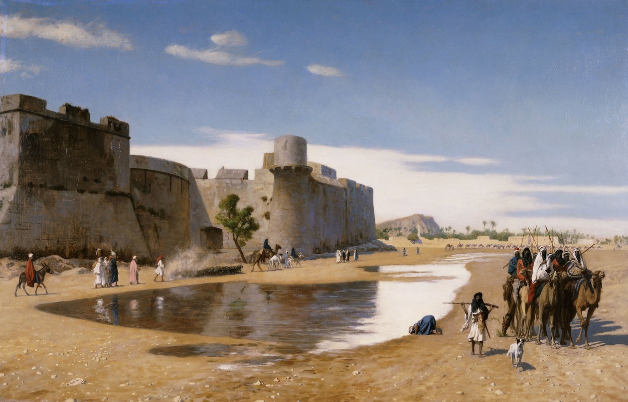 Arabska karawana poza ufortyfikowanym miastem, ok. 1895 r. autorstwa Jean Leon Gerome