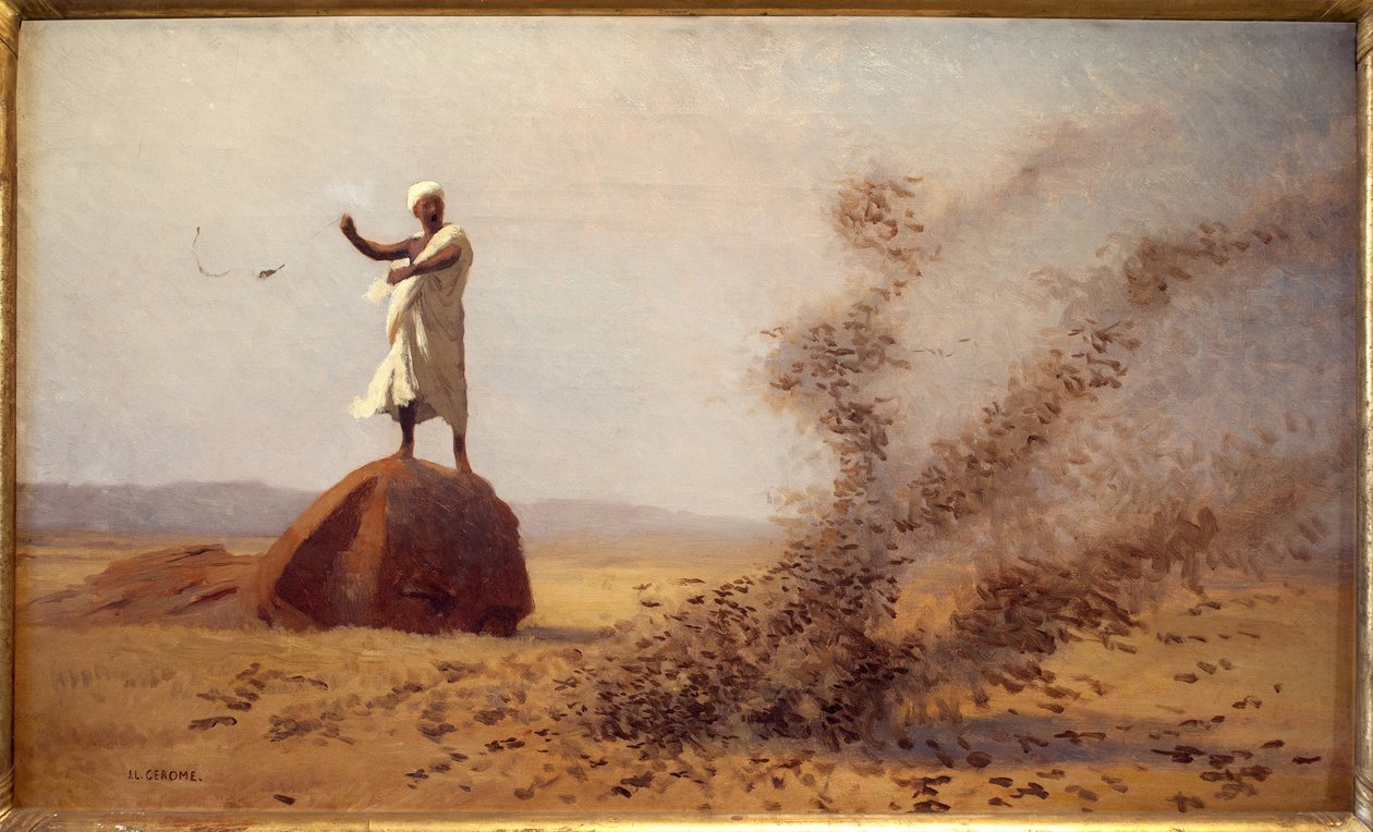 Arab przerażający skowronków. (Niedokończony stół). Obraz Jean Leon Gerome (1824-1904), olej na płótnie, ok. 1900. Sztuka francuska początku XX wieku, orientalizm. Muzeum Vesoul. autorstwa Jean Leon Gerome