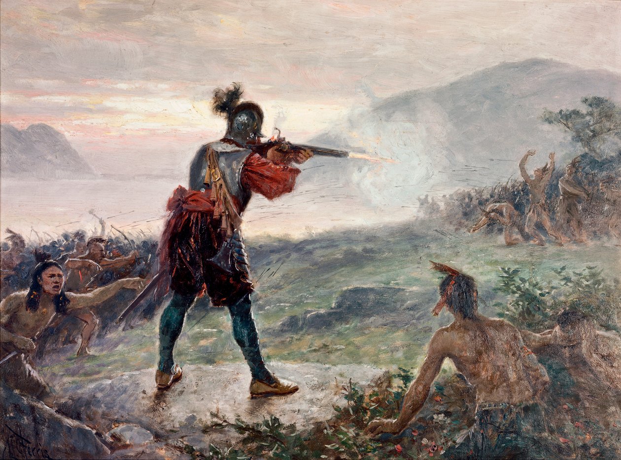 Bitwa nad jeziorem Champlain między plemionami Irokezów a koalicją plemion indiańskich (Algonquin, Huron i Montagnais) wspieraną przez Francuzów w 1609 r. - Obraz autorstwa Jeana Leona Gerome