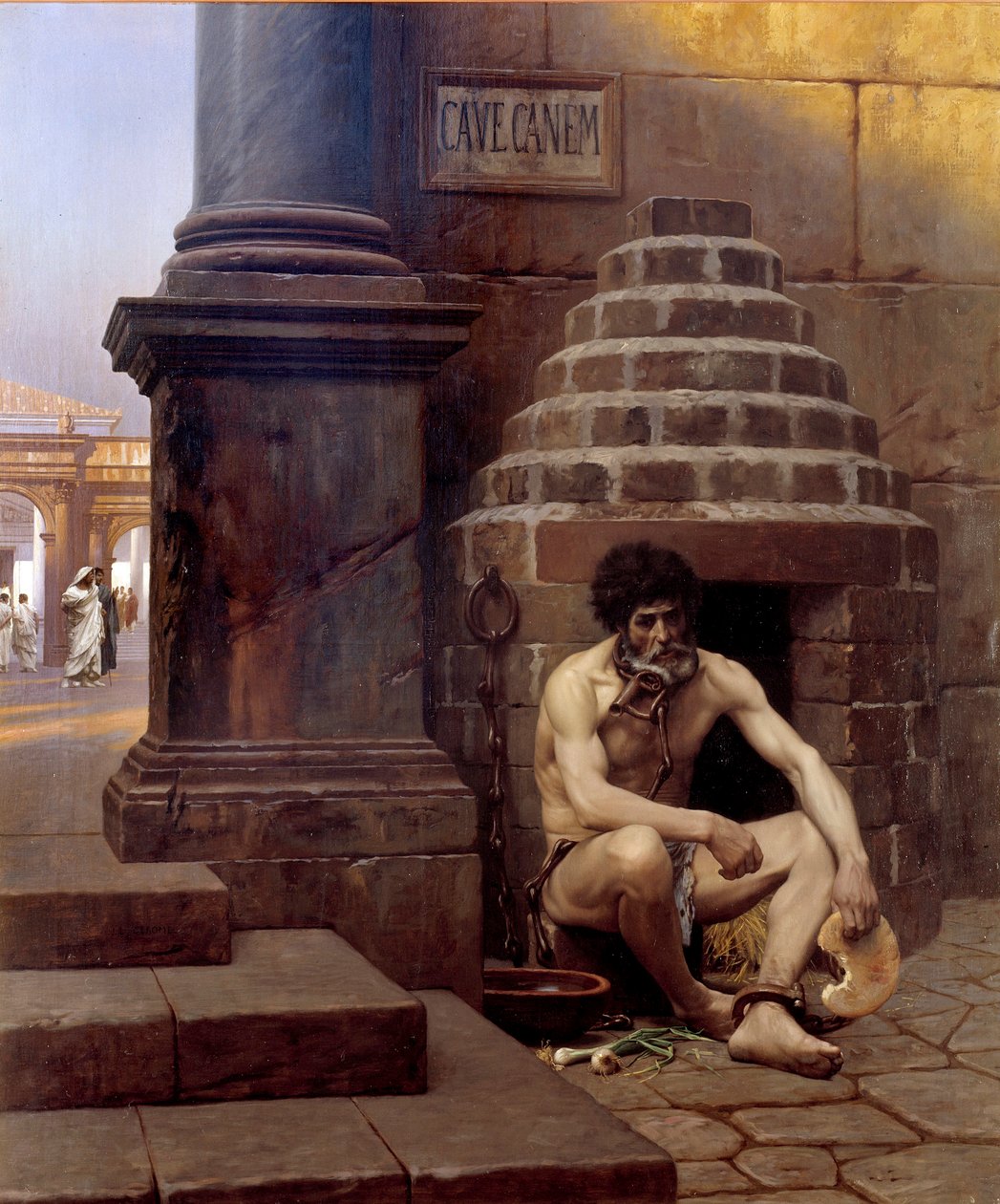 Cave canem jeniec wojenny w Rzymie, łańcuch jak pies na rogu ulicy „Strzeż się psa””. Obraz Jean Leon Gerome (1824-1904) XIX-wieczne Słońce. 1,06x0,9 m Vesoul, musee Georges Garret - Cave Canem; Więzień wojenny w Rzymie, przykuty jak autorstwa Jean Leon Gerome