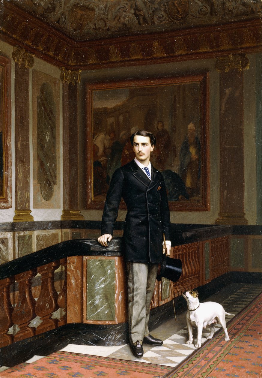 Conte de la Rouchefoucauld Duc de Doudeauville ze swoim terierem, ok. 1870 autorstwa Jean Leon Gerome