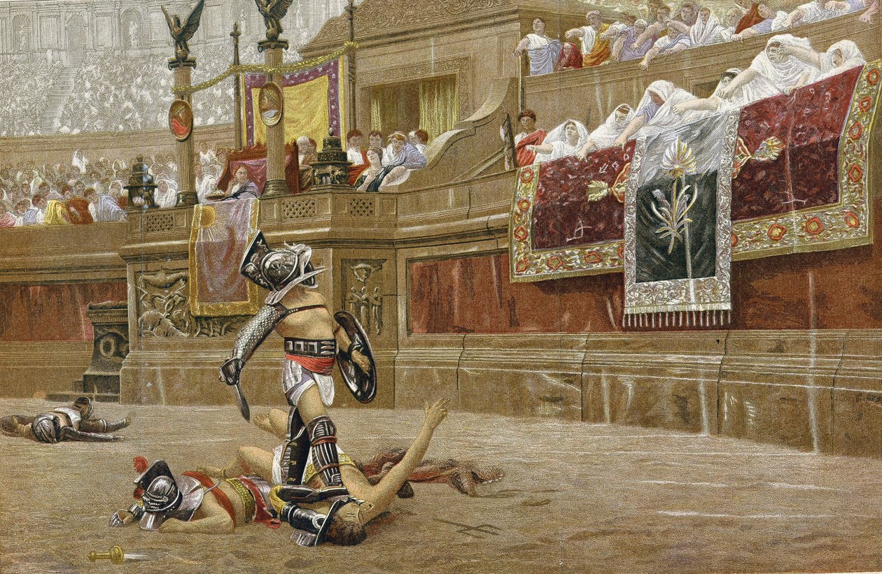 Gladiatorzy na rzymskiej arenie: widzowie pokazują "kciuk w dół", sygnalizując zwycięzcy, by nie oszczędzał przeciwnika. Chromolitografia według obrazu JL Gerome