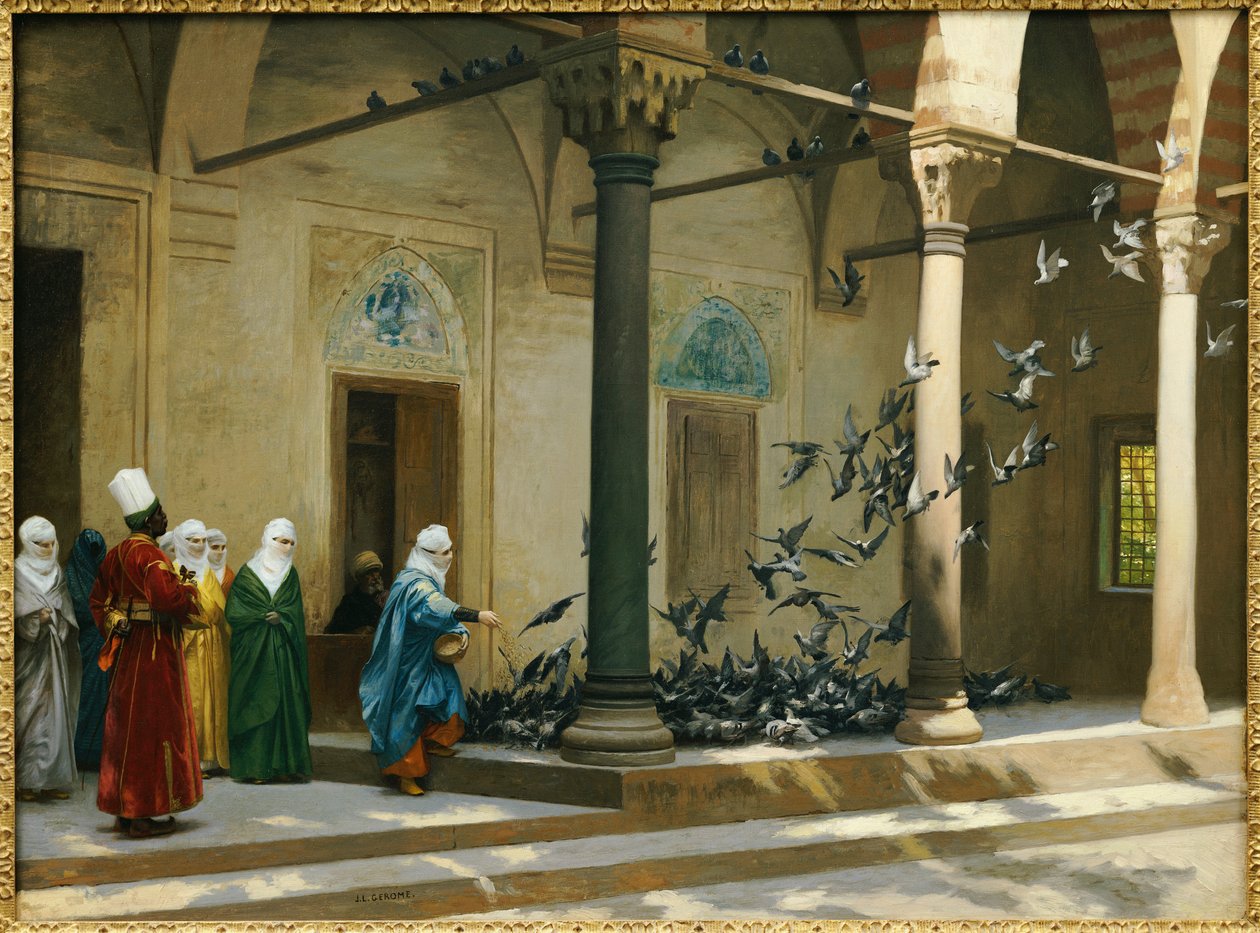 Harem Kobiety karmiące gołębie na dziedzińcu autorstwa Jean Leon Gerome