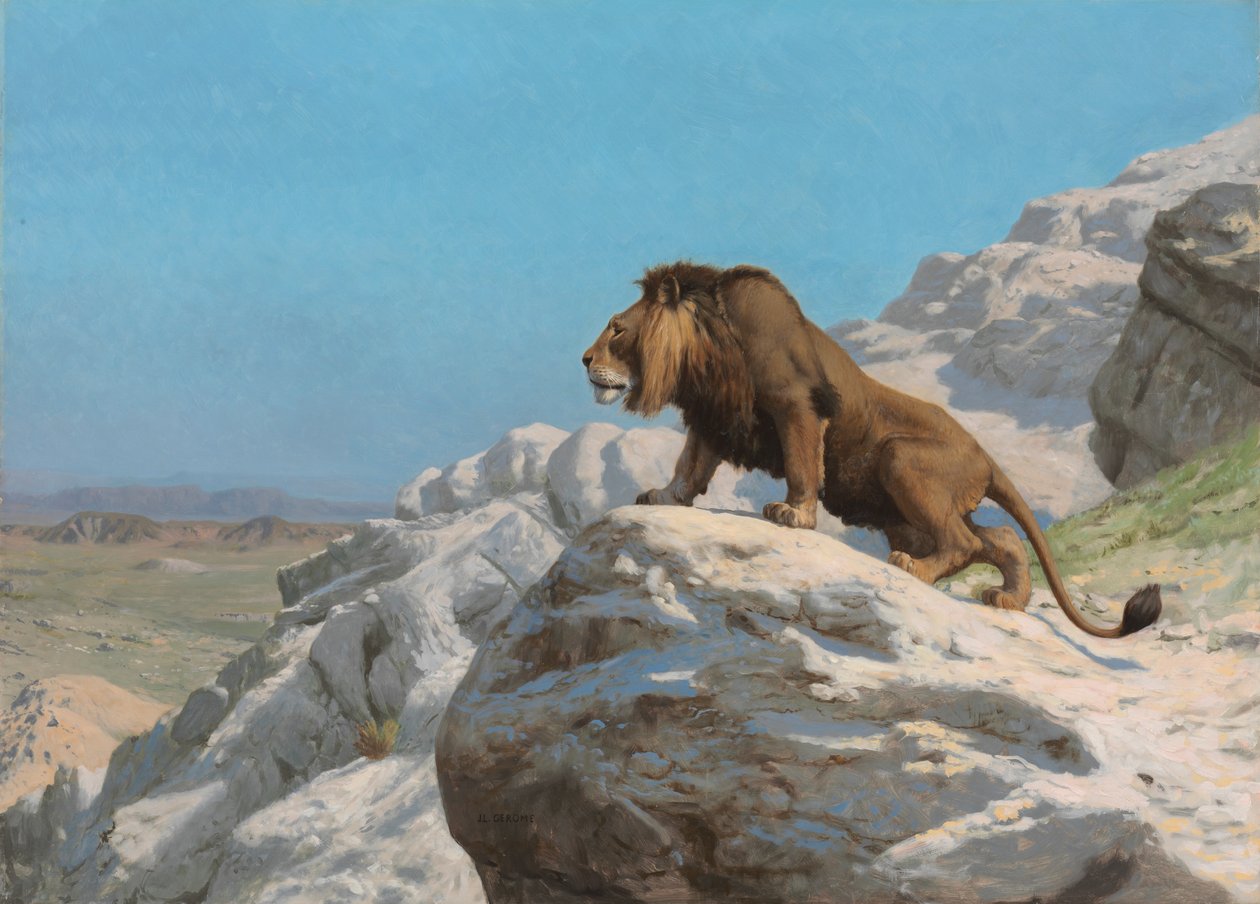 Lew na straży, ok. 1885 (olej na płycie drewnianej) autorstwa Jean Leon Gerome