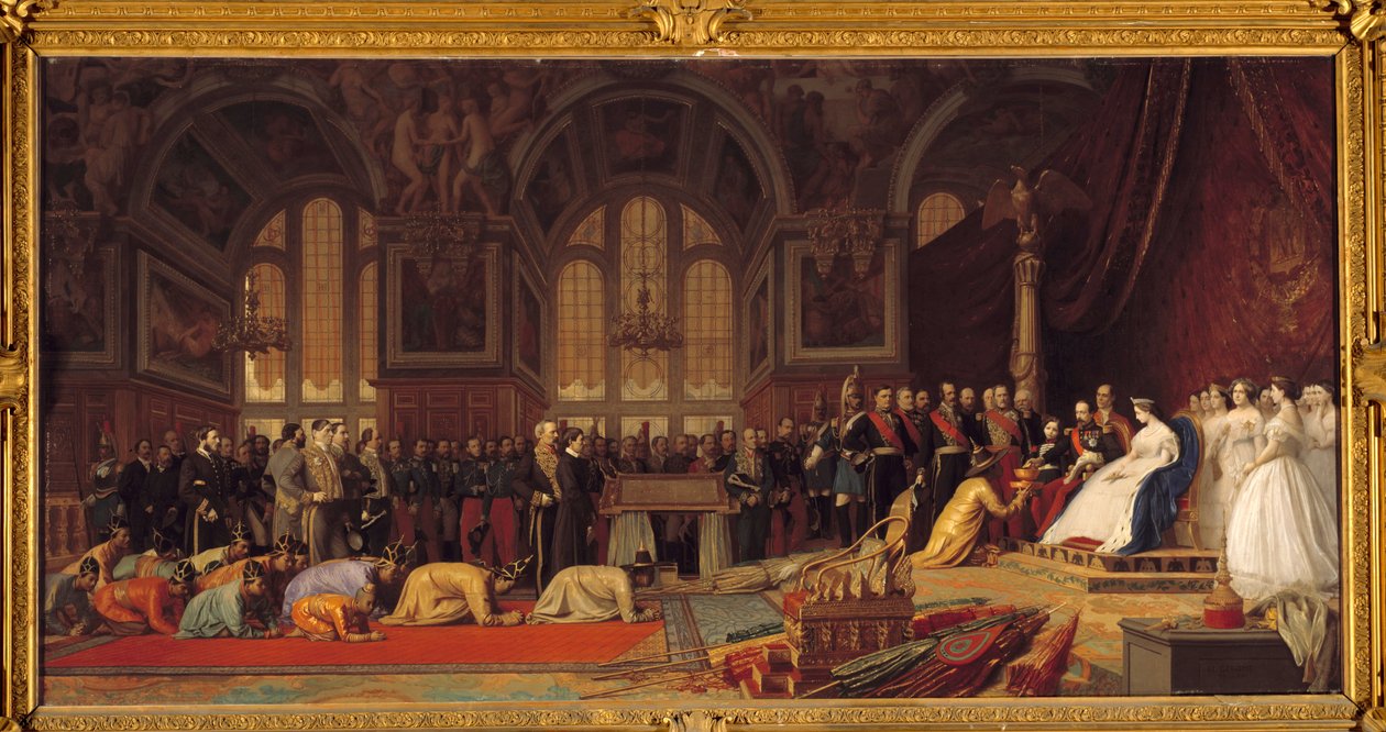 Przyjęcie ambasadorów Syjamu przez Napoleona III i Impress Eugenie: W wielkiej sali balowej Henryk II z Chateau de Fontainebleau 27.06.1861 r. Obraz Jeana Leona (Jean-Leon) Gerome (1824-1904) autorstwa Jean Leon Gerome
